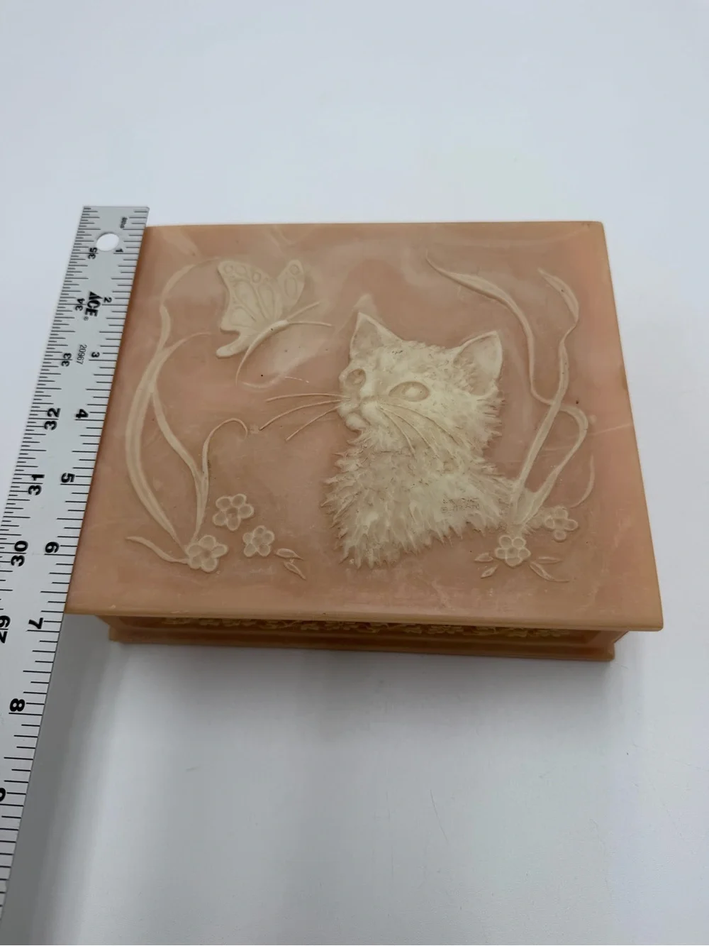 VTG Large Incolay Stone Jewelry Box Pink Cat Kitten Butterfly Lenore Beran HTF